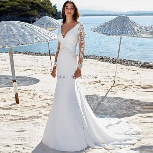 Deep V Neck Mermaid Wedding Dresses Long Sleeves Lace Appliques Button Back Plus Size Vestido De Novias Bridal Wedding Gowns