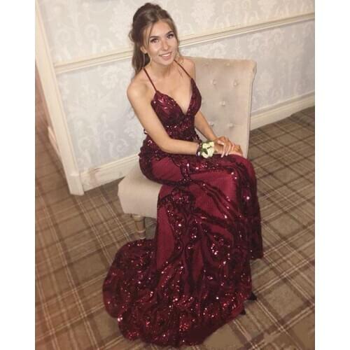 Wine Red Sequins Evening Dresses Sexy V-Neck Spaghetti Backless Prom Gown