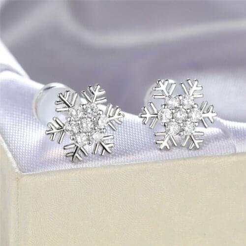 Vintage Silver Color Snowflake Earrings Luxury Crystal Small Stone Earrings Dainty White Zircon Stud Earrings For Women Wedding