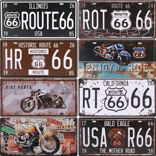 Vintage Route 66 Metal Poster Car License Plate Poster Bar Wall Decoration Tin Sign Metal Signs Club Home Decor 15*30CM