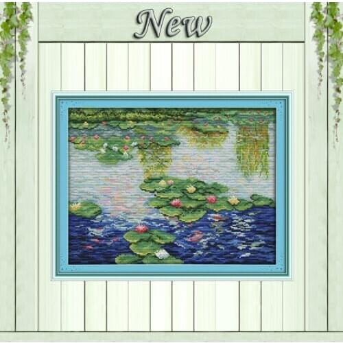 Water lily in the pond scenery chinese painting counted print on canvas DMC 11CT 14CT kits Cross Stitch embroider needlework Set