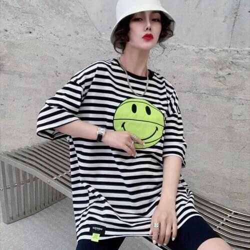 New femalestripe t shirt short sleeve summer appliques loose mid-length clothes Harajuku woman t shirt Large size 2021 y2k tops