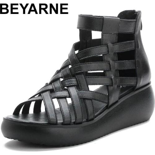 BEYARNE 2021 Genuine Leather Summer Shoes Wedges Sandals Women Gladiator Sandals Vintage Open Toe Cross Platform Sandals Female