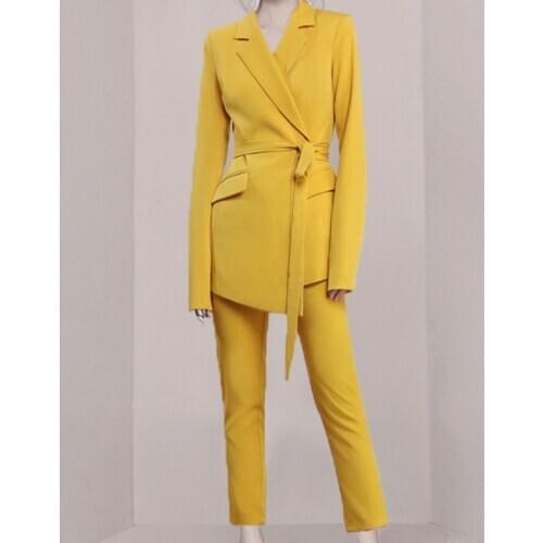 Women Pants Suits Set For Work OL 2 Two Piece Business Work Formal Wear Ladies Elegant Stylish Notched Blazer Jacket With Belt