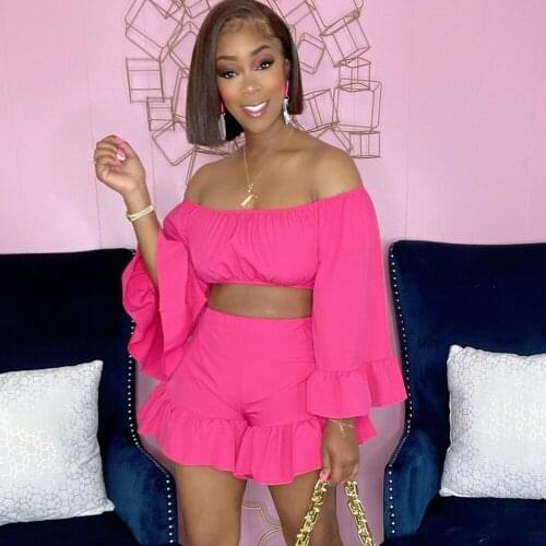 Womens Shorts Suit Off Shoulder Ruffles Ladies Set Long Sleeve Crop Tops And Loose Short Pants Fashion Casual 2021 Summer