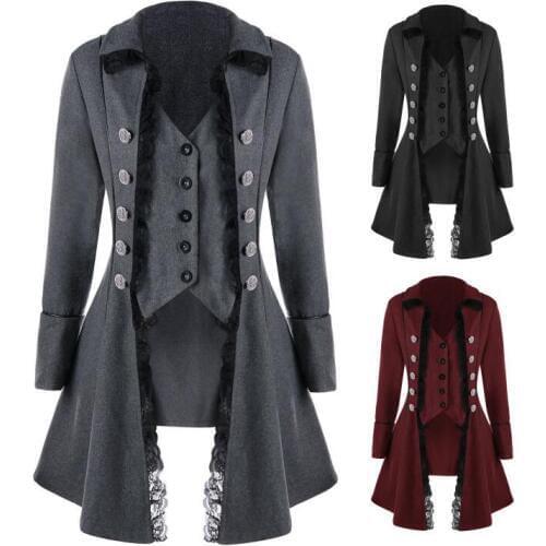 Adult Women Vintage Victorian Costume Black Red Elegant Double Breasted Lace Trench Jacket Slim Steampunk Vest Coat For Ladies
