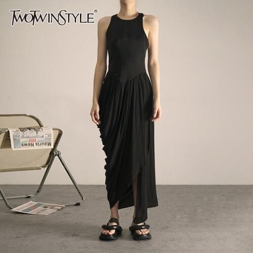 TWOTWINSTYLE Pleated Casual Dress For Women O Neck Sleeveless High Waist Solid Elegant Midi Dresses Females Summer Clothing 2021
