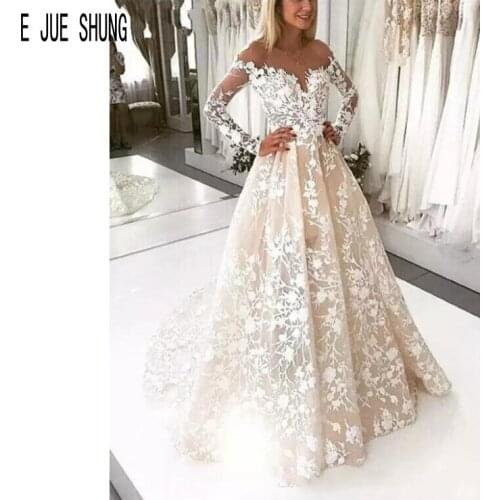 E JUE SHUNG Women Boho Wedding Dresses Bride Dress Boat Neck Long Sleeves Backless Appliques Wedding Gowns vestido de noiva