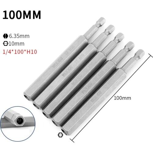 6pcs/set 1/4" S2 Allen security bit 1/4 6.35MM Hex Screw Bit With hole 100mm Long H3 H4 H5 H6 H8 H10 Magnetic Screwdriver Bits