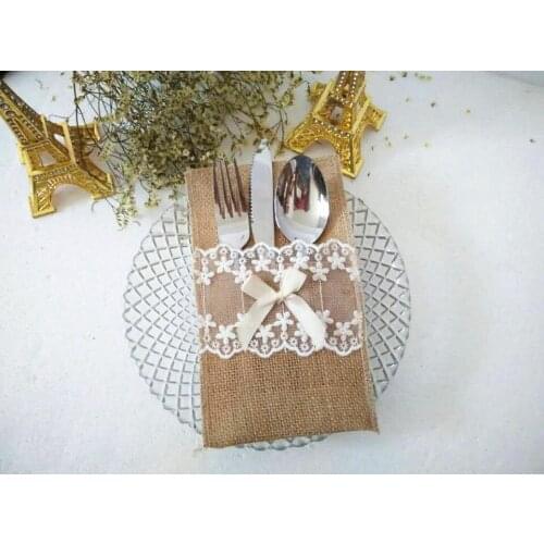 Free shipping 50 pieces of Lace linen tableware bag holiday wedding knife fork bag red wine bag on sale