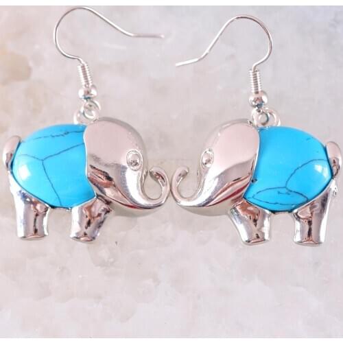 Dangle Earrings Pendant Jewelry Set Natural Stone Blue Howlite Oval Cabochon Bead Animal Elephant Jewelry Set
