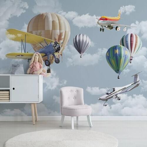 Dropship Custom 3D Photo Bedroom Wallpaper Cartoon Airplane Balloon Children Room Bedroom Kindergarden Wall Paper for Kids Room