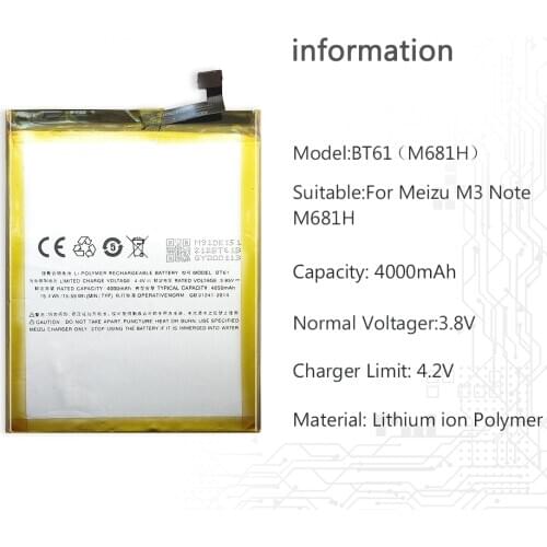 Mobile Phone Replacement Battery BT61 (M) For Meizu Meizy M3 Note M681 M681H 4000mAh
