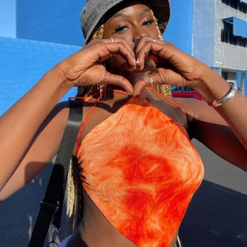 IR-CKERT Summer Sexy Women Fashion Streetwear Casual Tie-dye 2021 Sleeveless Halter Bandage Vintage Print Backless Camis Top New