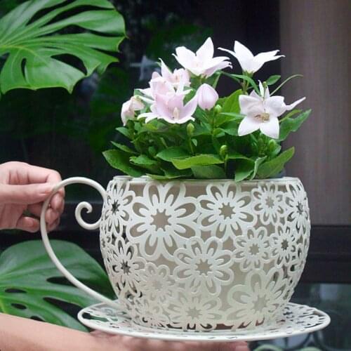 Outdoor Wrought Iron Teacup Shape Flower Pot Adornments Home Villa Desktop Ornaments Crafts Garden Courtyard Furnishings Decor