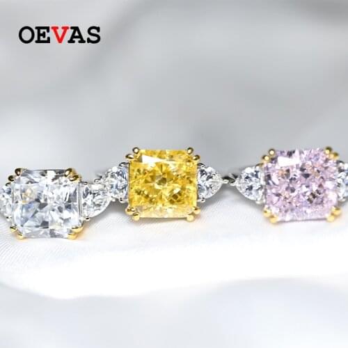 OEVAS 925 Sterling Silver Wedding Ring For Women Luxury 10*10MM Yellow Pink White Zircon Gemstone Rings Fine Jewelry Wholesale