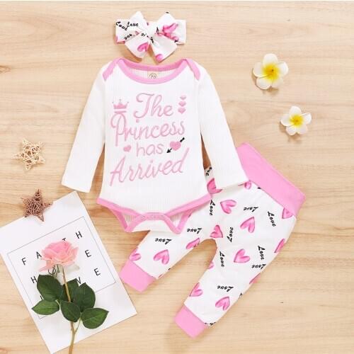 Three Piece Baby Girl’s Clothes Letter Long Sleeve Jumpsuit and Love Heart Print Pants with Headband Set