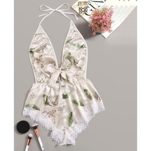 Satin Women Onesies New Linger Open Back Eyelash Contrast Lace Trim Hem Teddy Romper Bodysuit Sexy Criss Cross Teddies Sleepwear