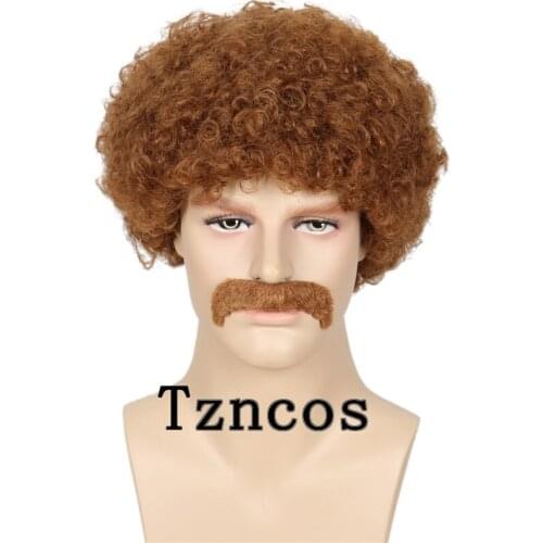 Tzncos Short 80s Costumes Mens Disco Dirt Bag Wig & Moustache Halloween Cosplay Costume Curly Brown Wig