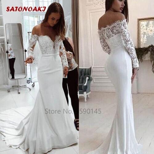 2020 Long Sleeves Mermaid Lace Wedding Dress Appliques Beach Bridal Gowns Sweep Train Vestido De Noiva Mariage Online Shop India