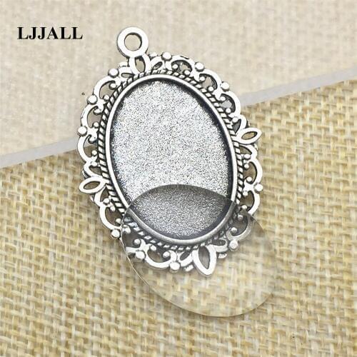 Metal Tow Color 5set Vintage Cameo Base Glue Set Fit 18*25mm Dia Oval Cabochon Setting Pendant+Clear glass Dome Cabochon AZH028