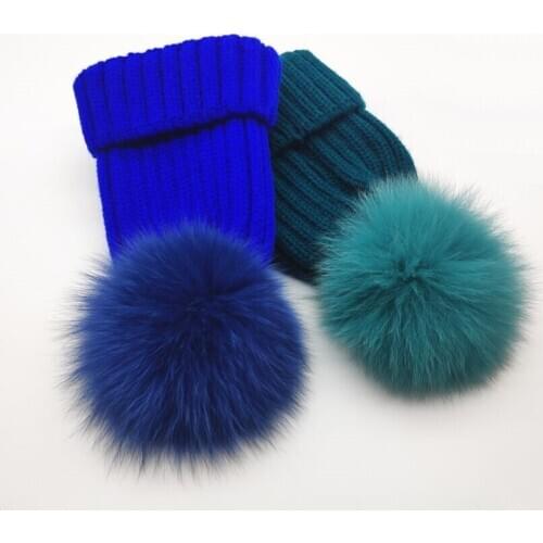 New Winter Fox fur pom pom knitted beanie cap Adult Women men Casual Striped Warm knitting hat skullies gorros