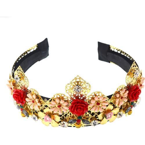 Charm Baroque Crown Full Flowers Handmade Hair Bands Crystal Wide Headbands Vintage Wedding Hair Jewelry