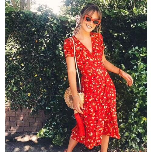 BOHO INSPIRED Wild Cherry printed wrap summer dress short sleeve V-neck sashes midi dress female chiffon party women vestidos