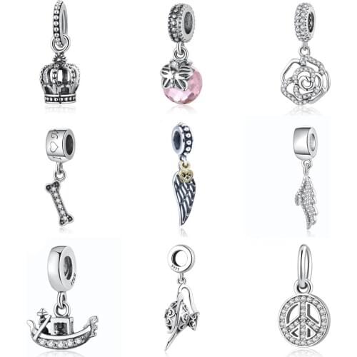 Authentic S925 I Love My Dog Crown Magic Lamp Gondola Guidance Wing Rose Dangle Charms fit Lady Bracelets
