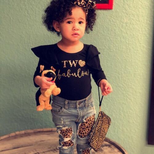 PUDCOCO Toddler Kids Baby Girls Winter Clothes Ruffle Tops Romper Denim Pants Outfits Support wholesale