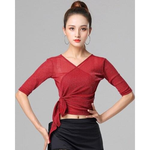 HOT New Mesh Latin Dance Shirt New Female Adult National Standard Ballroom Dance Costume Sexy Tops Performance Practice Clothing