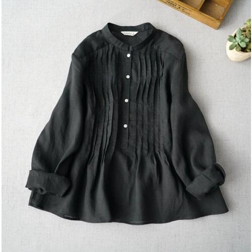 Spring and summer ramie shirt womens pretty baby shirt nine point sleeve top sweet organ pleated Pullover stand collar 0520