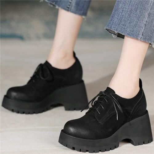 Lace Up Platform Pumps Shoes Women Genuine Leather Chunky High Heels Ankle Boots Female Round Toe Punk Creepers Casual Shoes