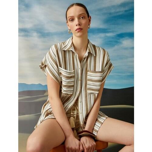Brown Striped Short Sleeve Cotton Shirt With Two Side Pocket Detailed Summer Womens Casual Holiday Street Daily Fashion
