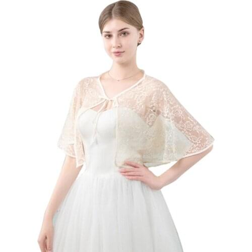 Women Wedding Bridal Shawl Wrap Capelet Sheer Floral Lace Jacket Bolero Tulle Cape Bridesmaid Lace-Up Shrug Cover Up