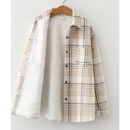 Women Thicken Plaid Jacket Autumn Winter Velvet Shirts Loose Single Breasted Long Sleeved Tops Korean Vintage Warm Outerwear