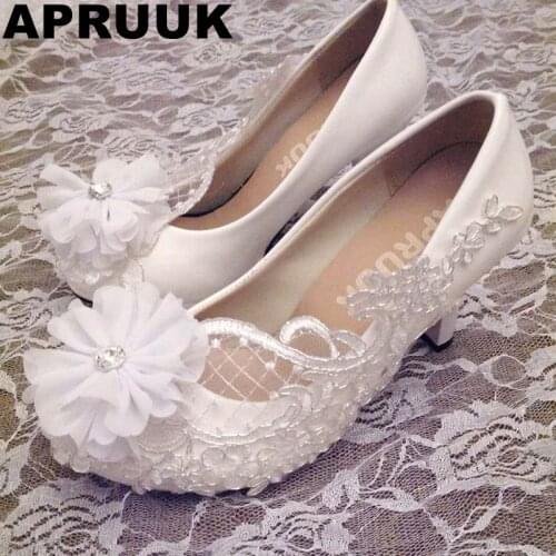Women high heels wedding shoes platforms round toes sweet handmade custom plus sizes bridal brides lace flower wedding shoe