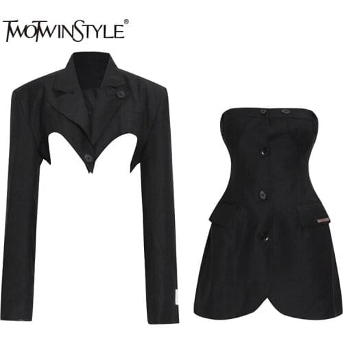 TWOTWINSTYLE Slim Set For Women Notched Plain Asymmetrical Short Top Mini Strapless Tops Skirts Sets Female 2021 Autumn Clothing