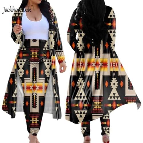 Jackherelook Vintage African Tribal Classic Ethnic Print Plus Size Women Casual Cardigan Trench Coat & Skinny Long Pants Set