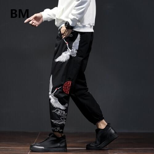 2020 Chinese Style Crane Embroidery Baggy Casual Pants Men Clothing Plus Size Vintage Joggers Male Harajuku Trousers