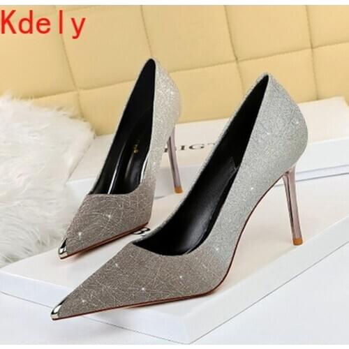 2020 Women 9cm 7cm 5cm High Heels Fetish Sequins Wedding Scarpins Bling Low Heels Pumps Female Gold Silver Dress Bridal Shoes