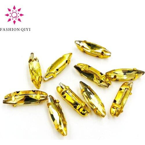 4x15mm Gold yellow Horse eye shape 50pcs/pack Glass Crystal Gold bottom sew on claw rhinestones with hole diy Sewing On Garment
