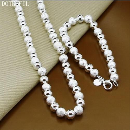 DOTEFFIL 925 Sterling Silver Matte Smooth 8mm Bead Necklace Bracelet Set For Woman Wedding Engagement Fashion Charm Jewelry