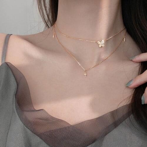 925 Sterling Silver Double Layer Shiny Zircon Butterfly Necklace Polaris Choker Ladies Personality Clavicle Chain Party Jewelry
