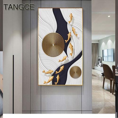 Abstract Golden Fish Painting Blue Red Canvas Painting Prints Posters Foil Luxury Quadro Wall Art for Living Room Tableau Salon