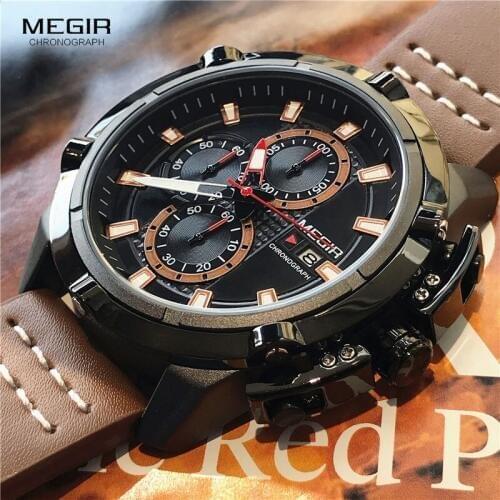 MEGIR Creative Sports Watches Men Fashion Top Brand Waterproof Leather Strap Quartz Wristwatches Clock Male Relogio Masculino