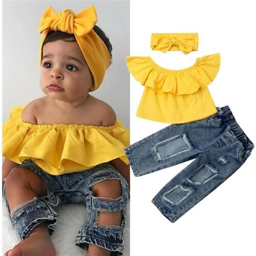 1-6Y Baby Girl Off Shoulder Ruffles Tops Kids Ripped Holes Denim Pants Headband Child 3Pcs Sets