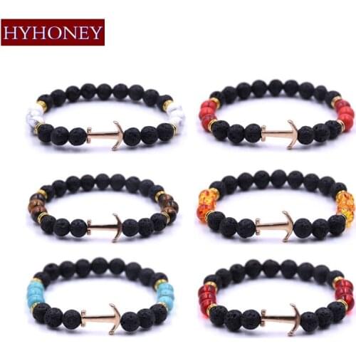 HYHONEY Yoga Jewelry 8mm Natural Stone Beads Bracelets for Women Anchor Charm Bracelets & Bangle Gift pulseras mujer