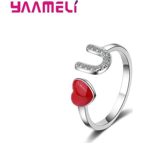 Mean "Love You "Opening Finger Rings For Women Girls Clear Crystal Cubic Zirconia 925 Sterling Silver Jewelry Present