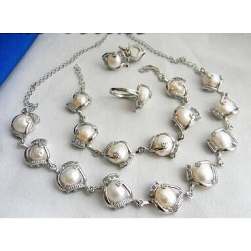 Nobility jewelry choker Natural 12MM White Baroque Freshwater pearl necklace bracelet earring ring set